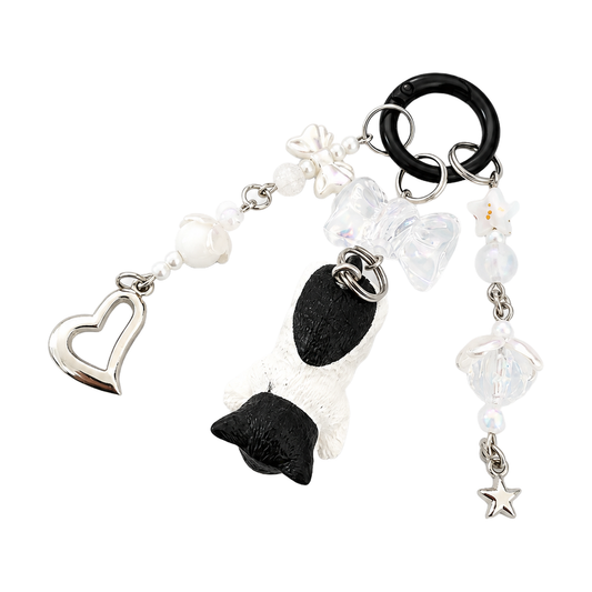 Handmade Black and White Cat Beaded Bag Charm Keychain