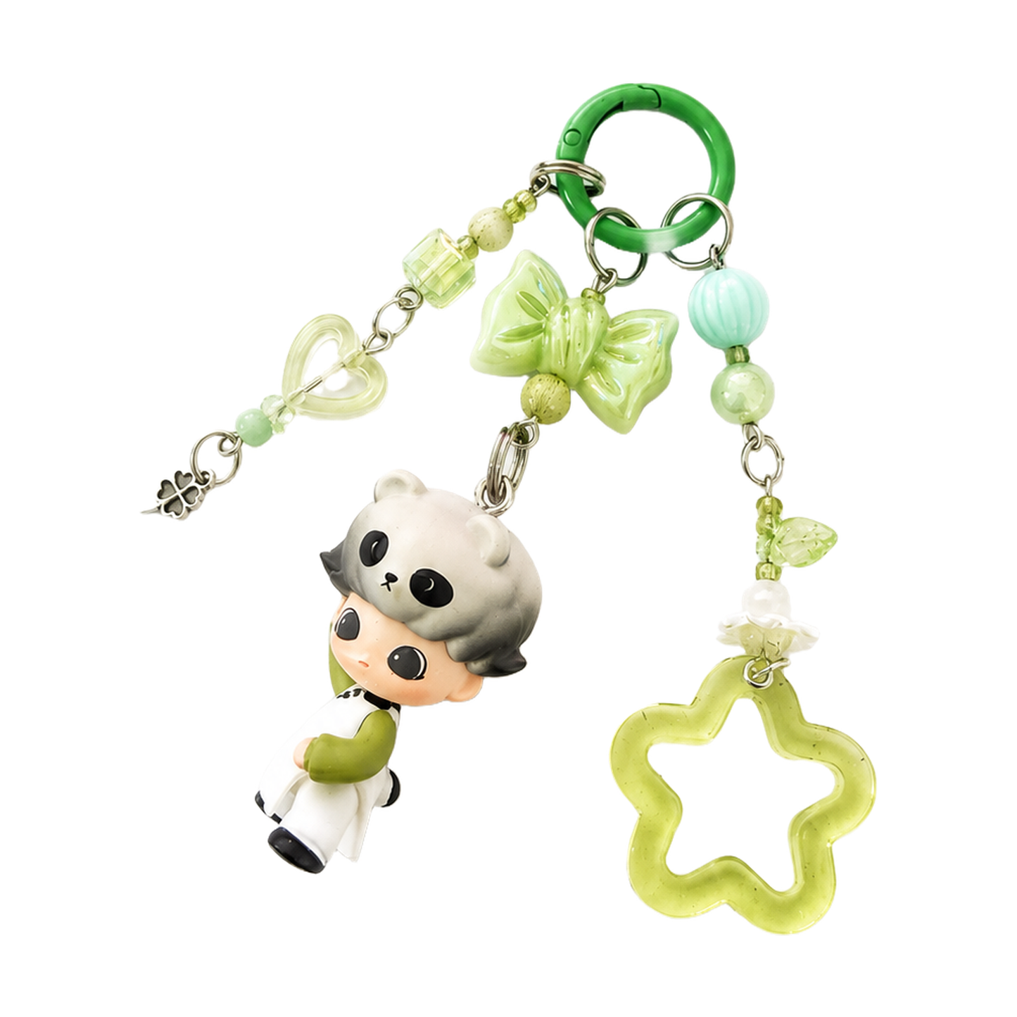 Handmade Panda Boy Beaded Bag Charm Keychain with Green Beads
