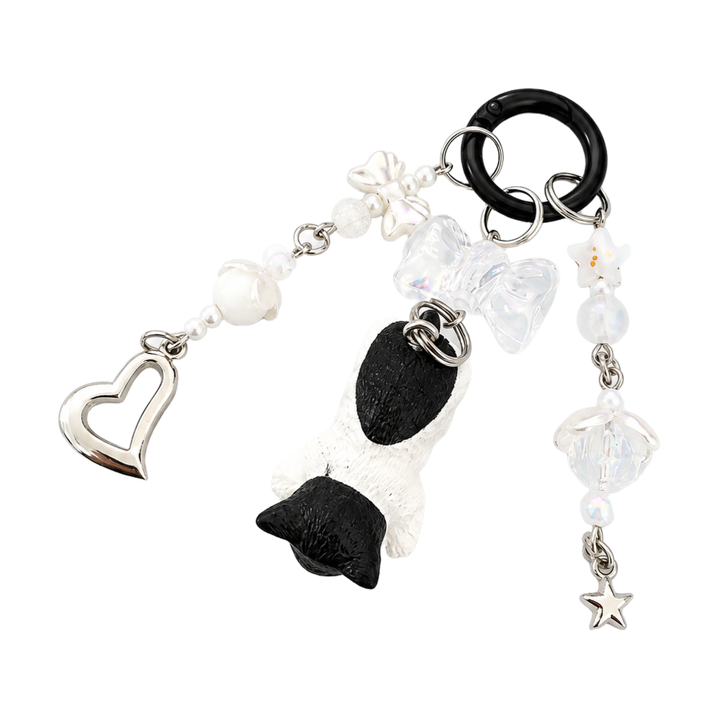 Handmade Black and White Cat Beaded Bag Charm Keychain