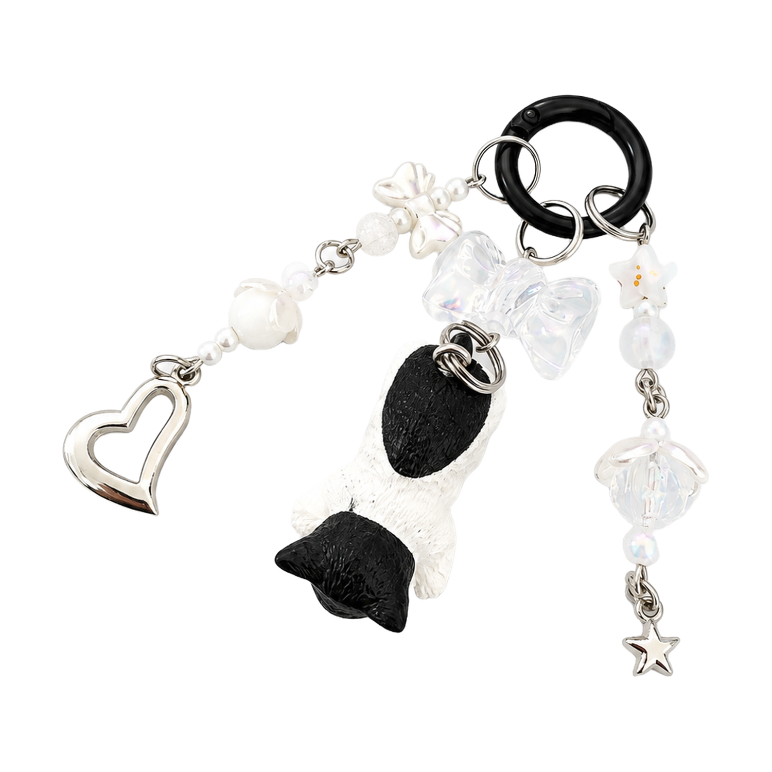 Handmade Black and White Cat Beaded Bag Charm Keychain