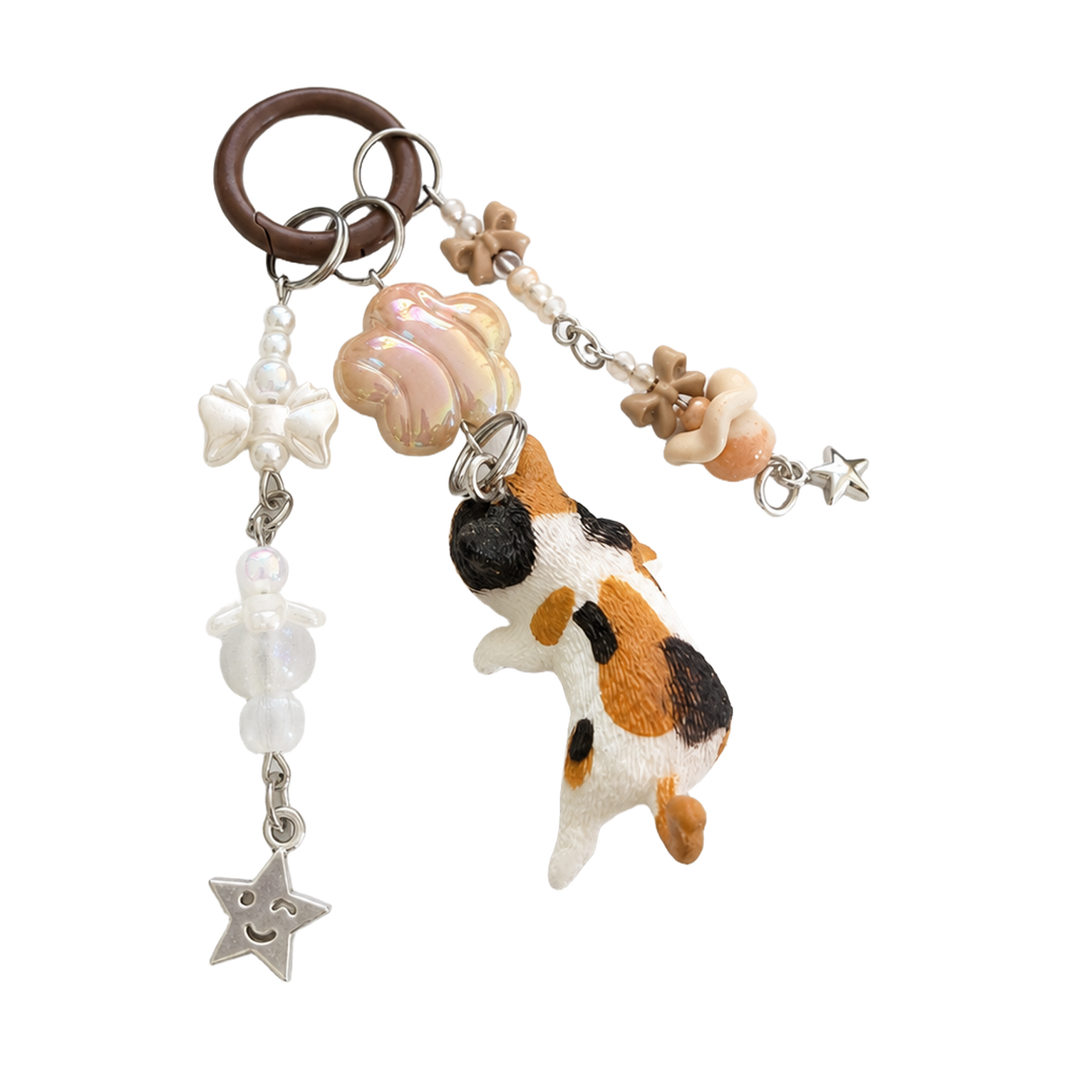 Handmade Brown Calico Cat Beaded Bag Charm Keychain