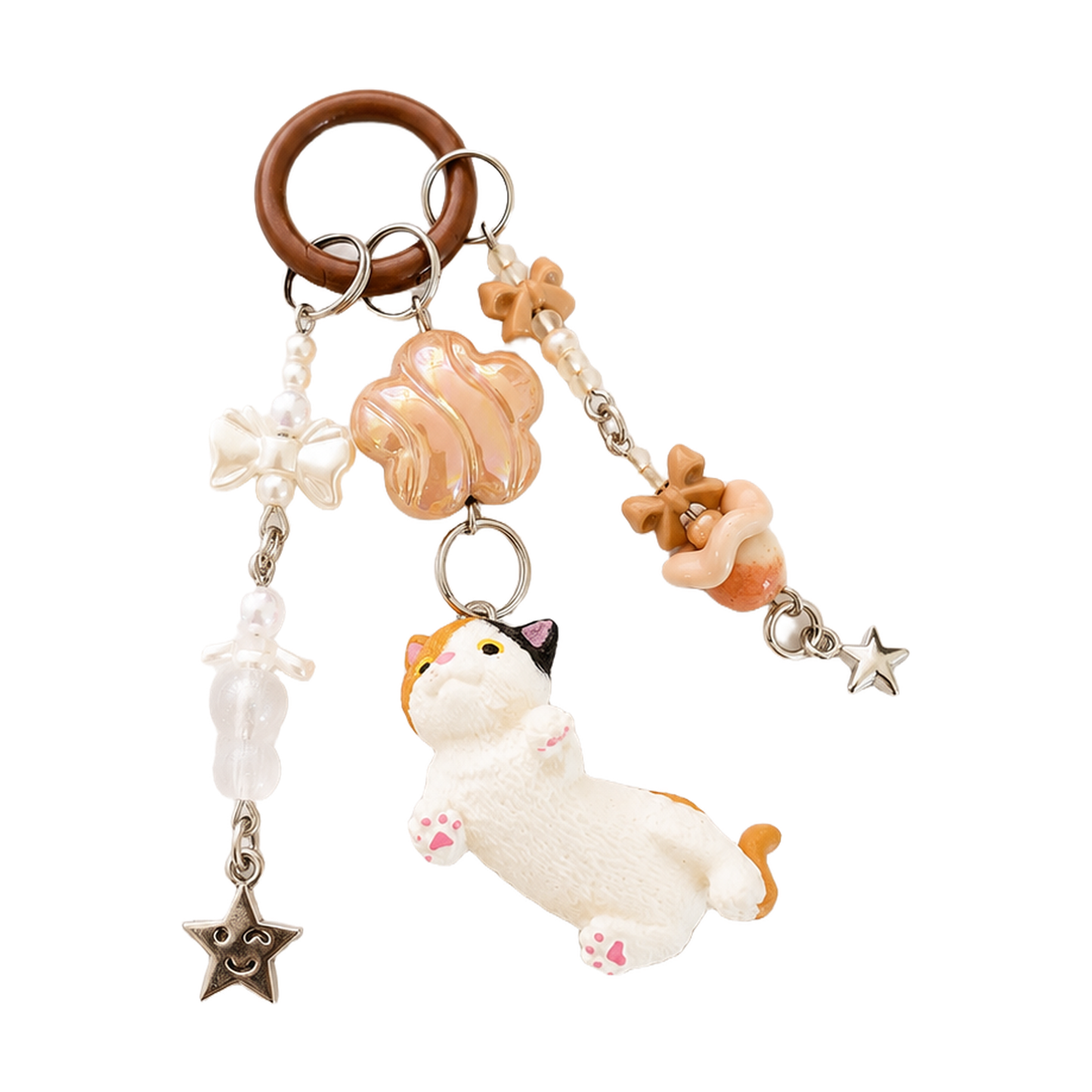 Handmade Brown Calico Cat Beaded Bag Charm Keychain