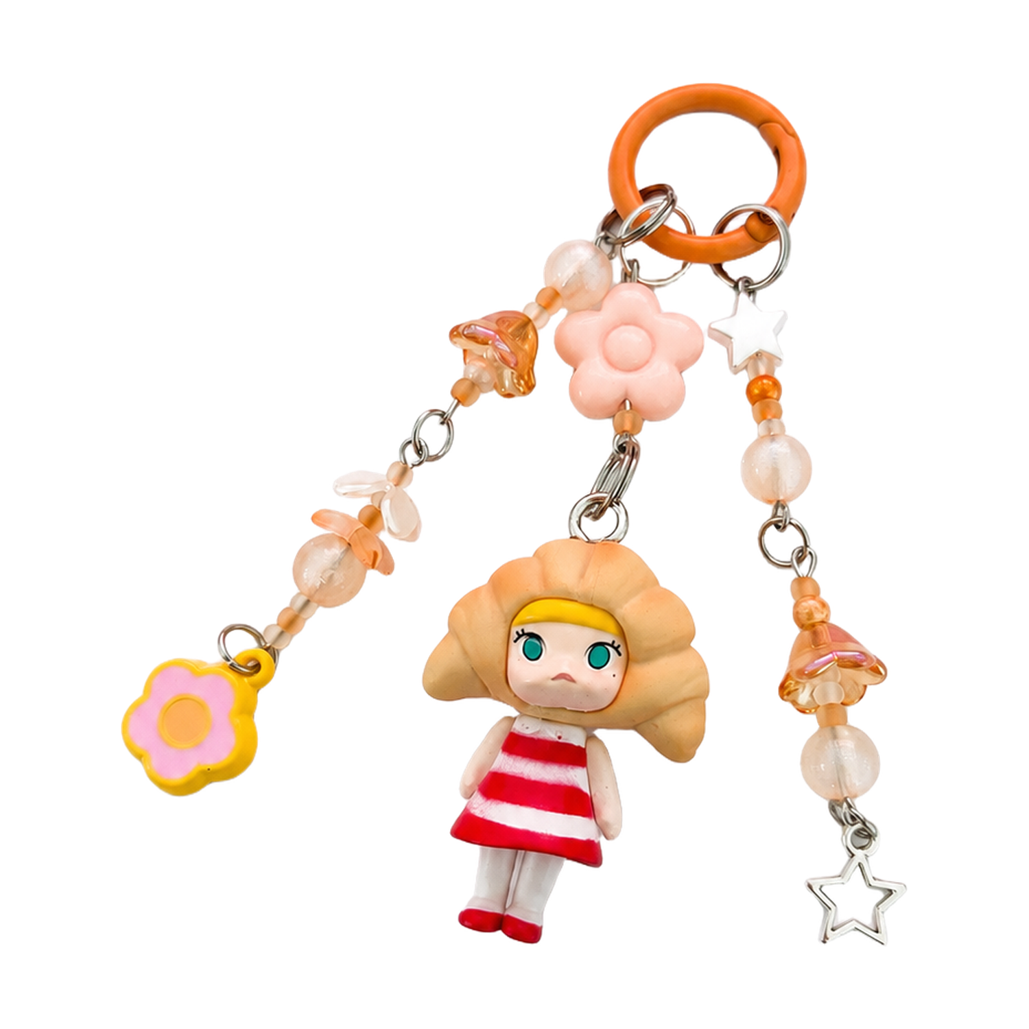 Handmade Croissant Girl Beaded Bag Charm Keychain with Orange and Pink Beads