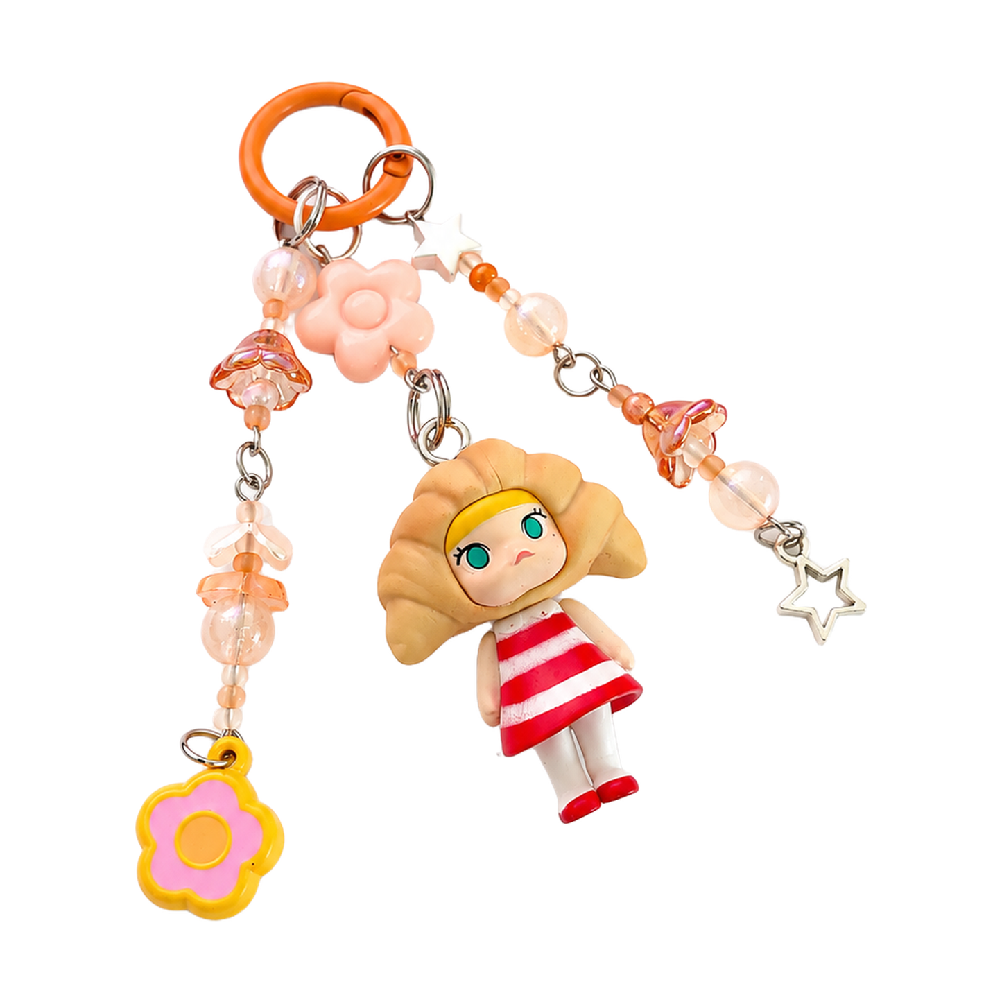Handmade Croissant Girl Beaded Bag Charm Keychain with Orange and Pink Beads