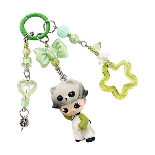 Handmade Panda Boy Beaded Bag Charm Keychain with Green Beads