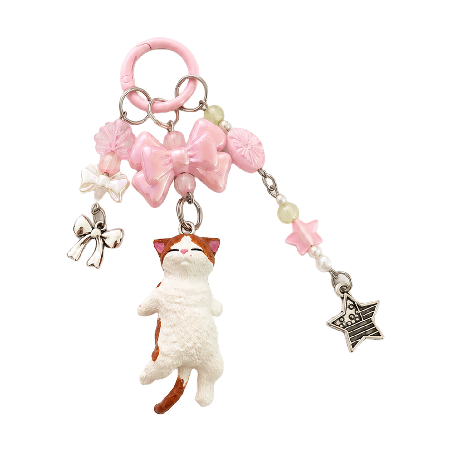 Handmade Orange and White Cat Beaded Bag Charm Keychain with Pink Beads