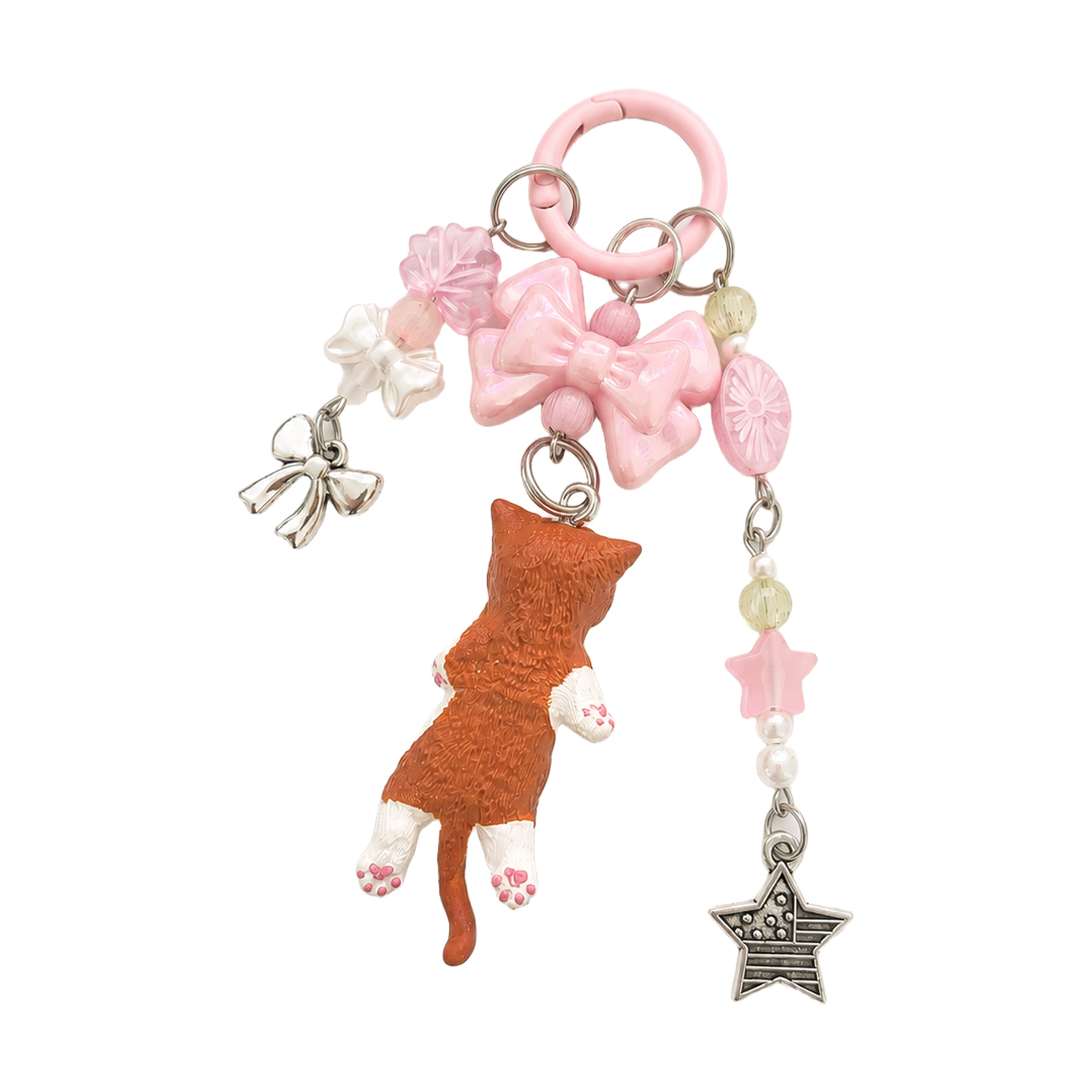 Handmade Orange and White Cat Beaded Bag Charm Keychain with Pink Beads