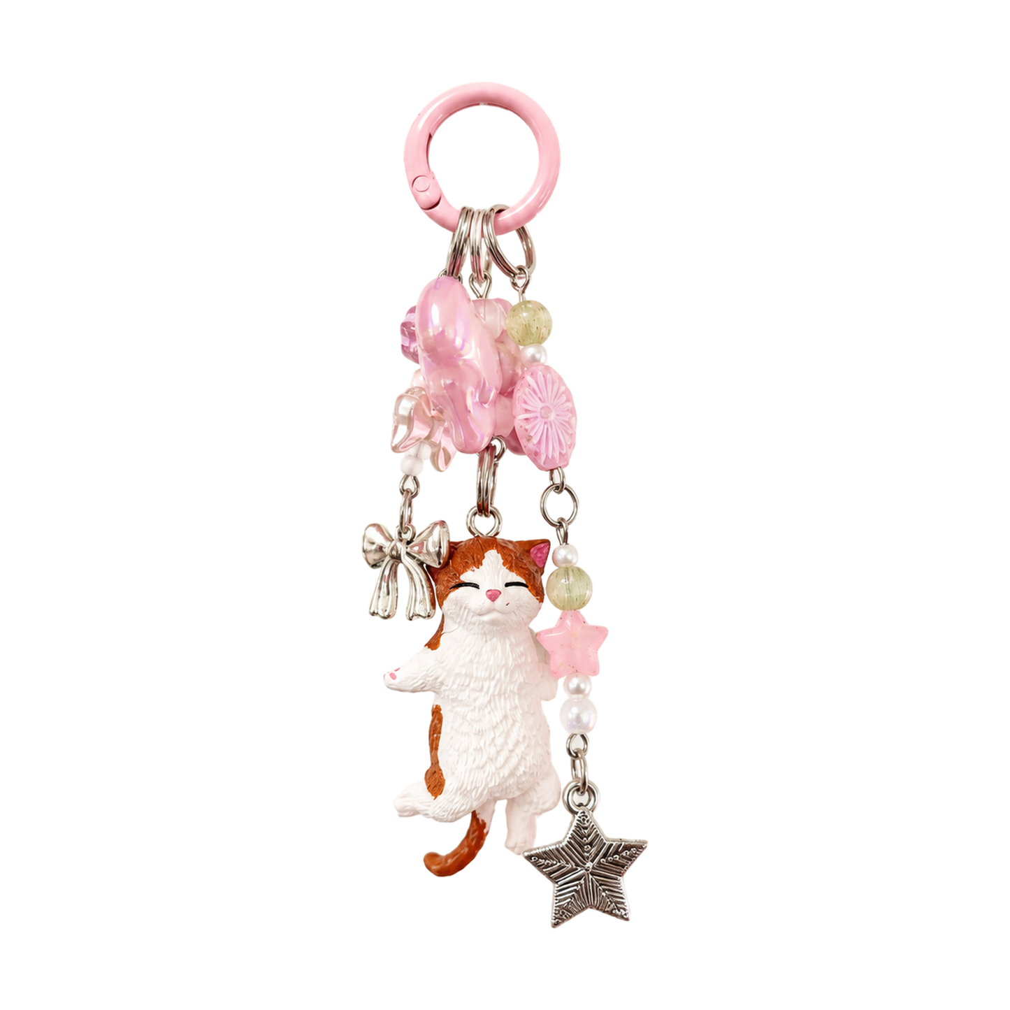 Handmade Orange and White Cat Beaded Bag Charm Keychain with Pink Beads