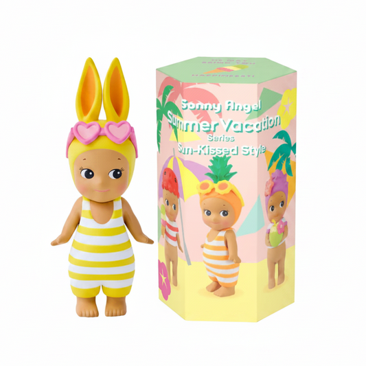 A Sonny Angel Summer Vacation blind box figure named 'Sin-Kissed Style' standing next to its illustrated packaging box. The figure has yellow bunny ears, a yellow and white striped swimsuit, and pink heart-shaped sunglasses.